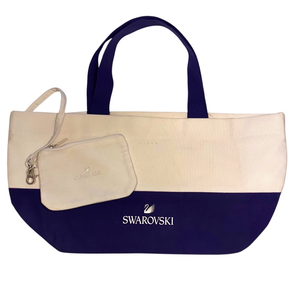 Swarovski Canvas Tote with Clip-on Pouch in Bright Blue and White